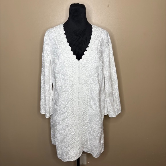 Lilly Pulitzer Dresses & Skirts - Lilly Pulitzer Women Large White Floral Shift Dress Crochet Lace V-Neck Coastal